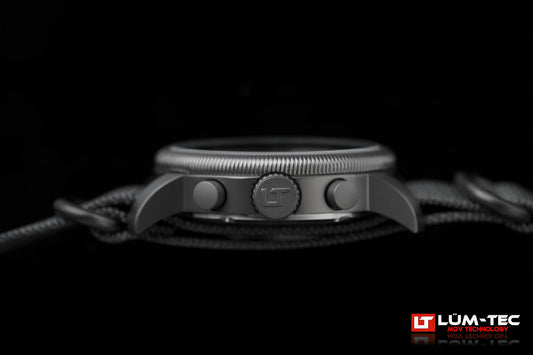 Close-up side view of Lum-Tec Combat B64 Chronograph highlighting pushers and crown