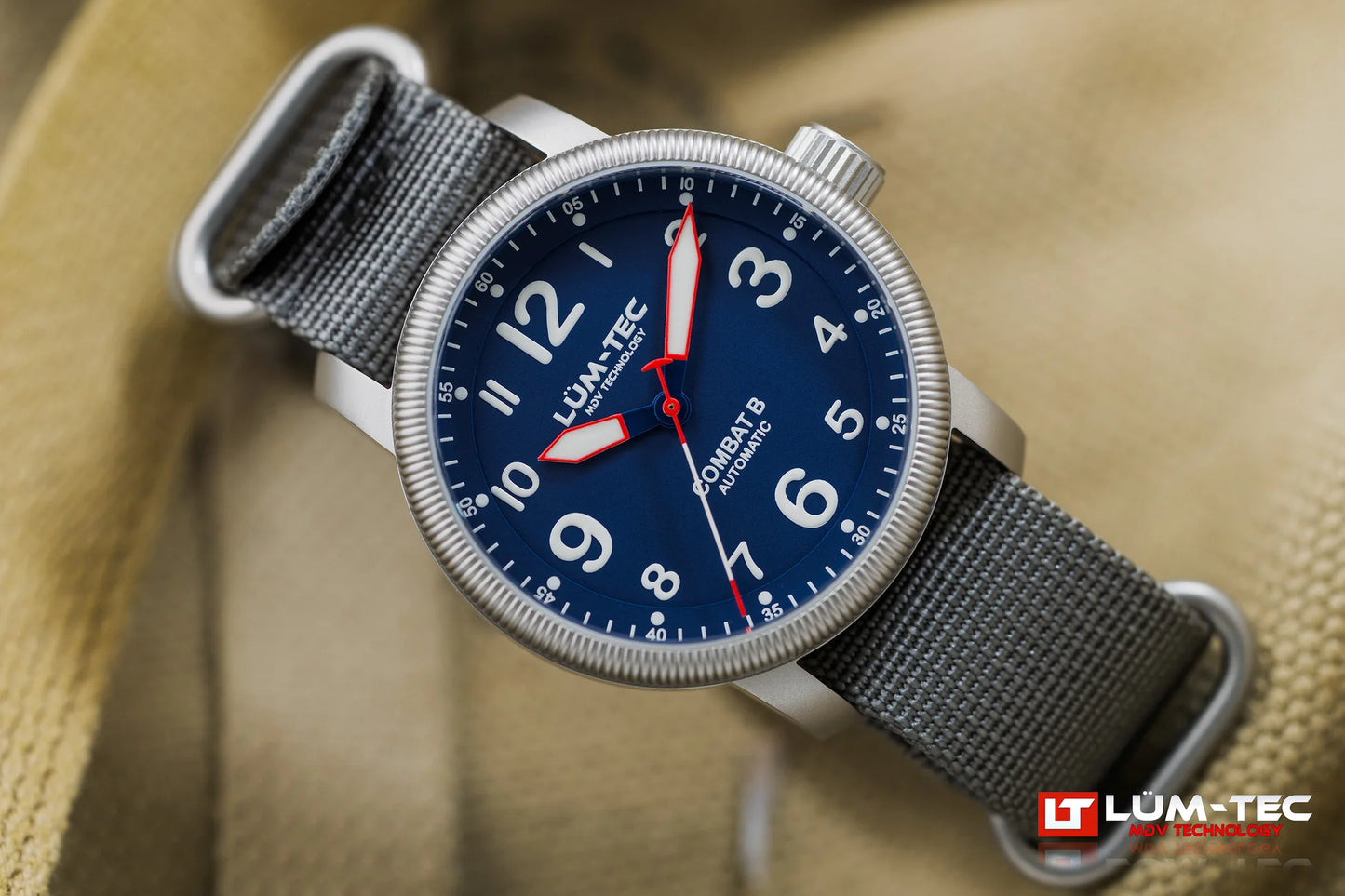 Lum-Tec Combat B70 Automatic blue dial front view with MDV lume
