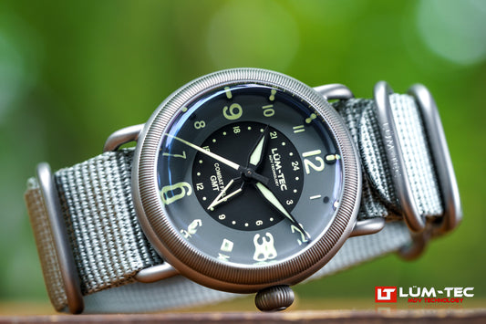 Lum-Tec Combat Field X6 GMT Titanium watch with gunmetal titanium case on gray nylon strap