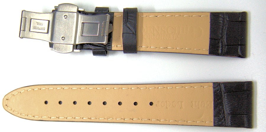 NOS 20mm black leather watch strap with stainless deployant